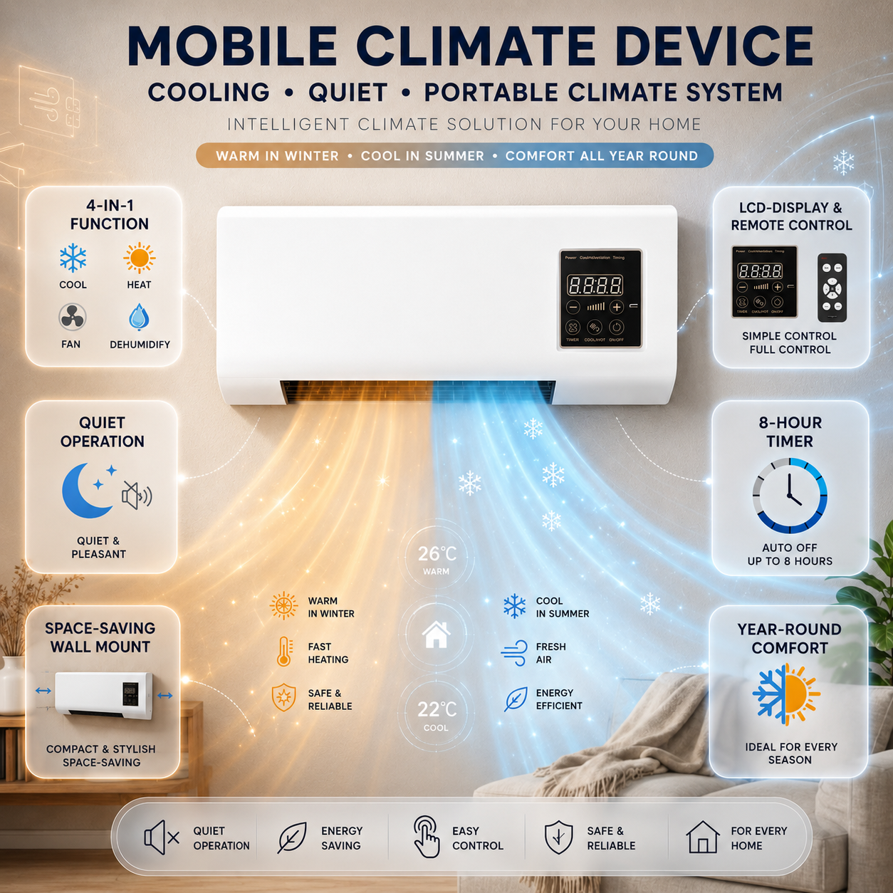4-in-1 Wall Air Conditioner — Cooling, Heating & Dehumidifier 4