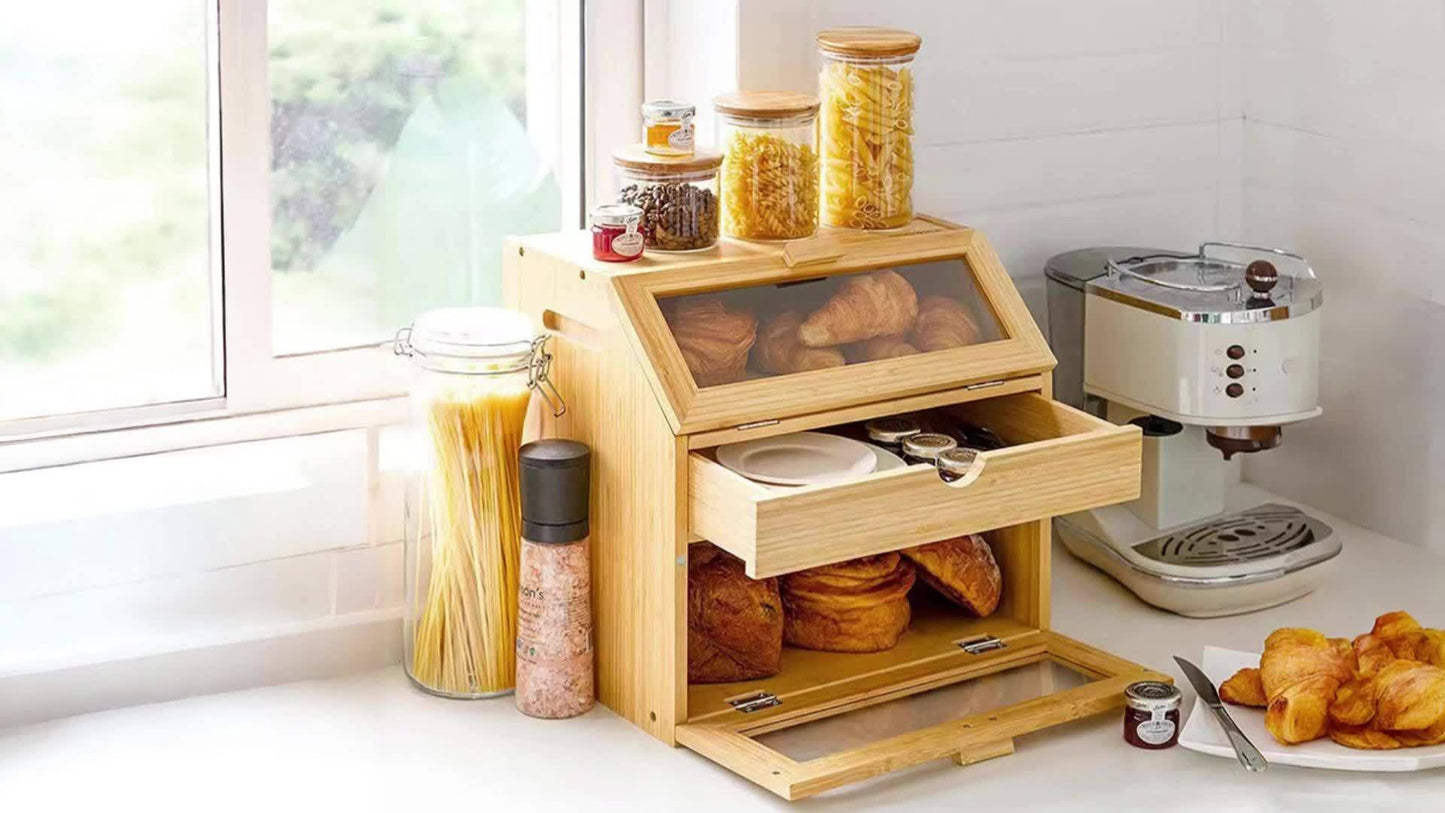 Bamboo Bread Box with Double Shelves & Ventilation Windows 7