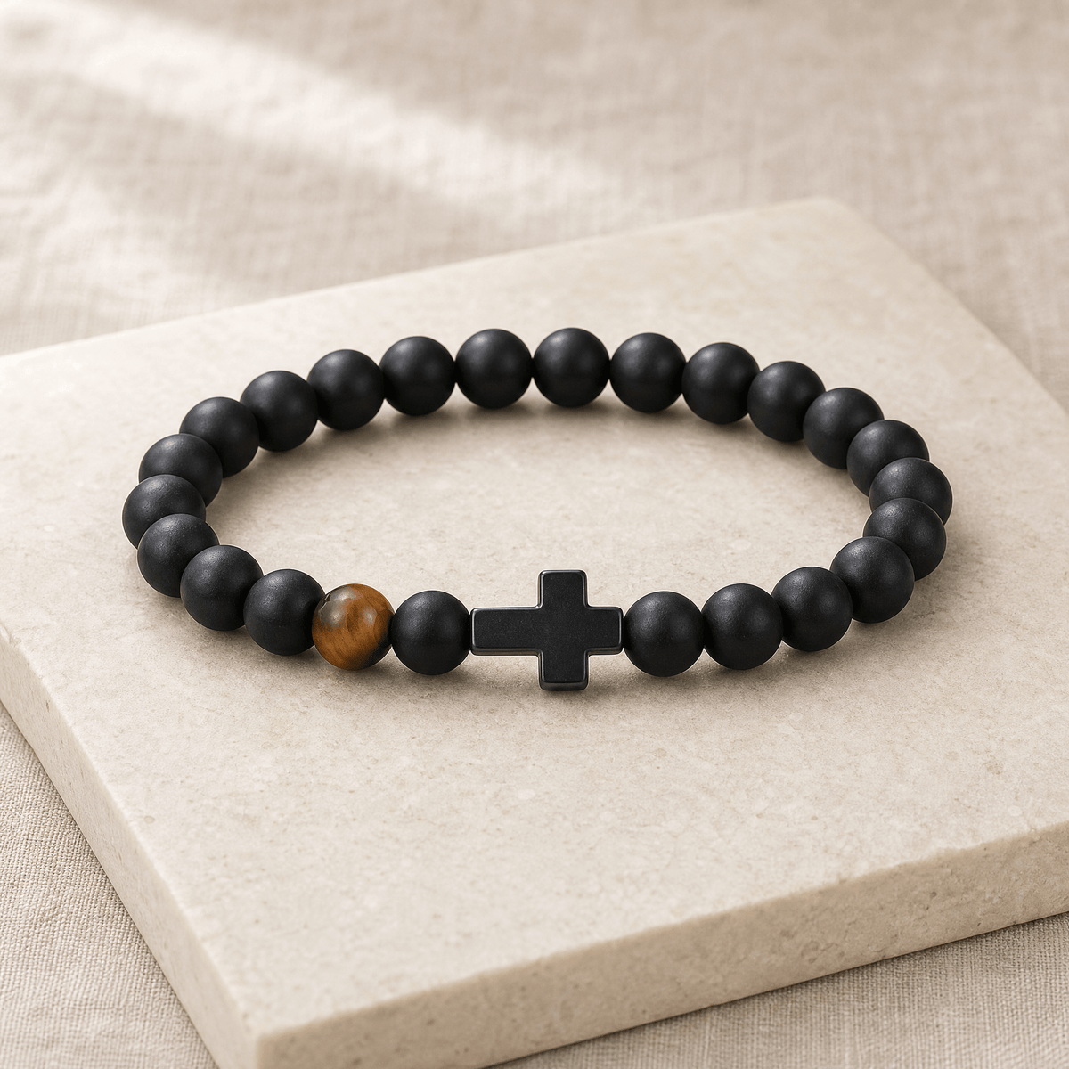 Gift for Dad — Men's Black Bead Cross Bracelet with Card 10