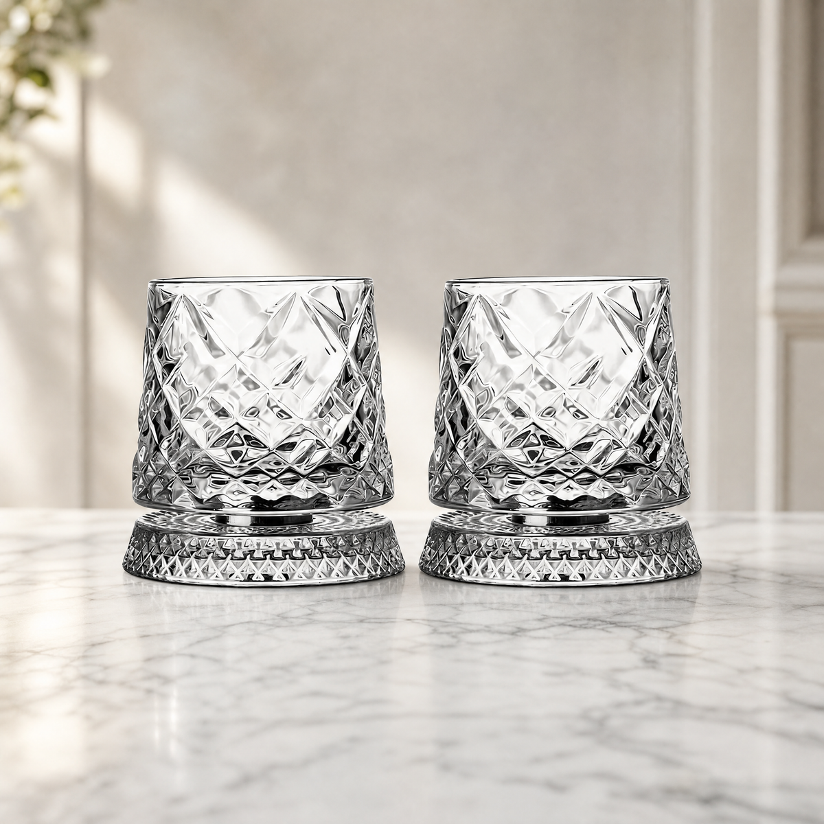 Whiskey Glass Set with 360° Rotating Base — Cut Tumbler 2pc 6