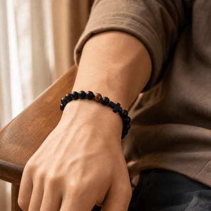Gift for Dad — Men's Black Bead Cross Bracelet with Card 2
