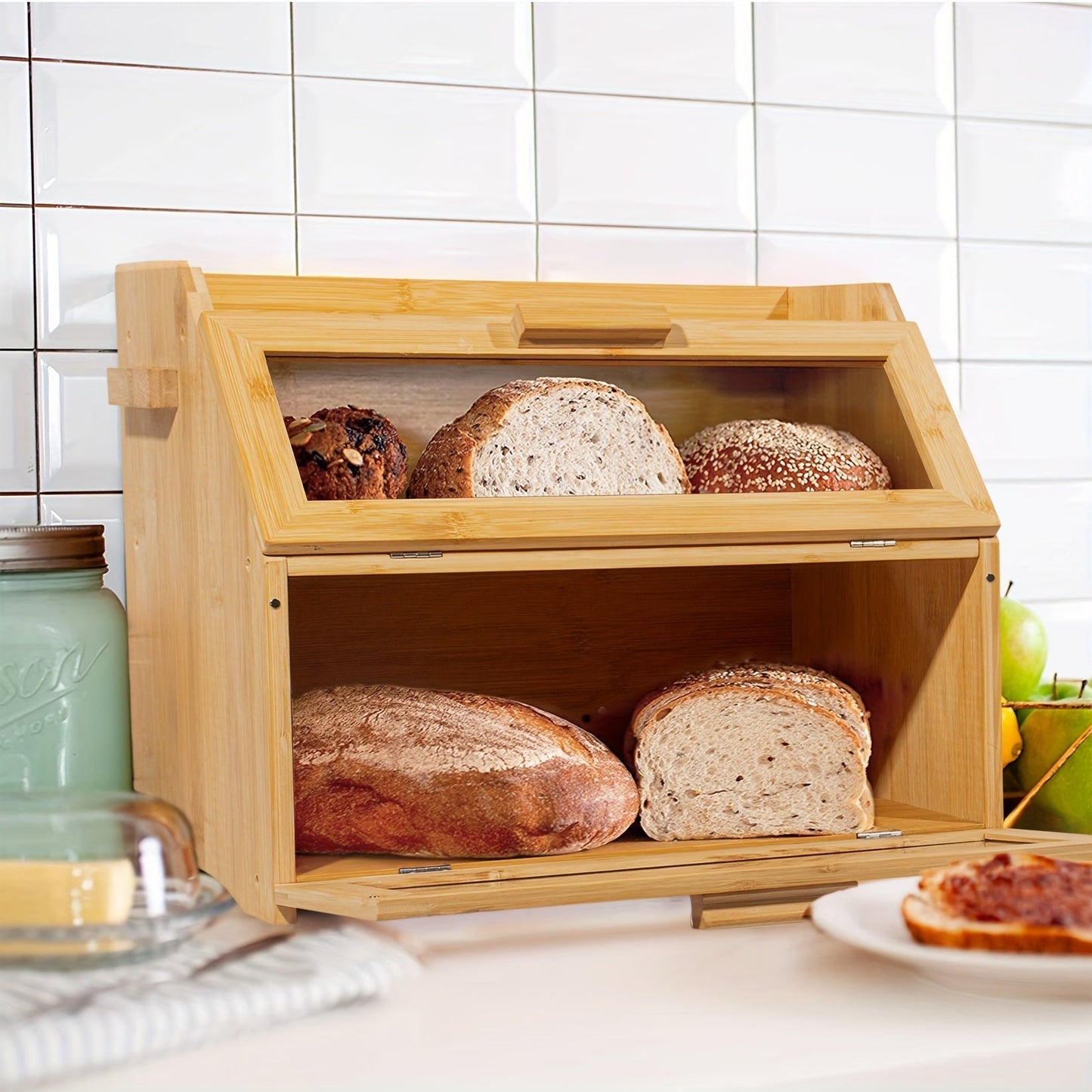 Bamboo Bread Box with Double Shelves & Ventilation Windows 3