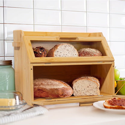 Bamboo Bread Box with Double Shelves & Ventilation Windows 3