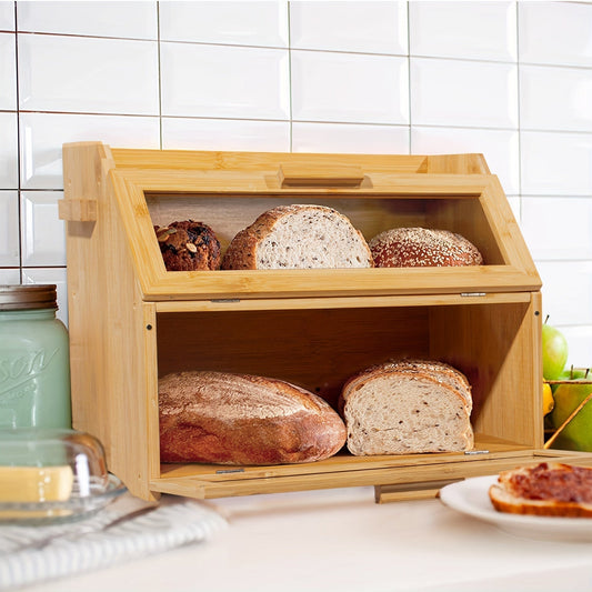 Bamboo Bread Box with Double Shelves & Ventilation Windows 3