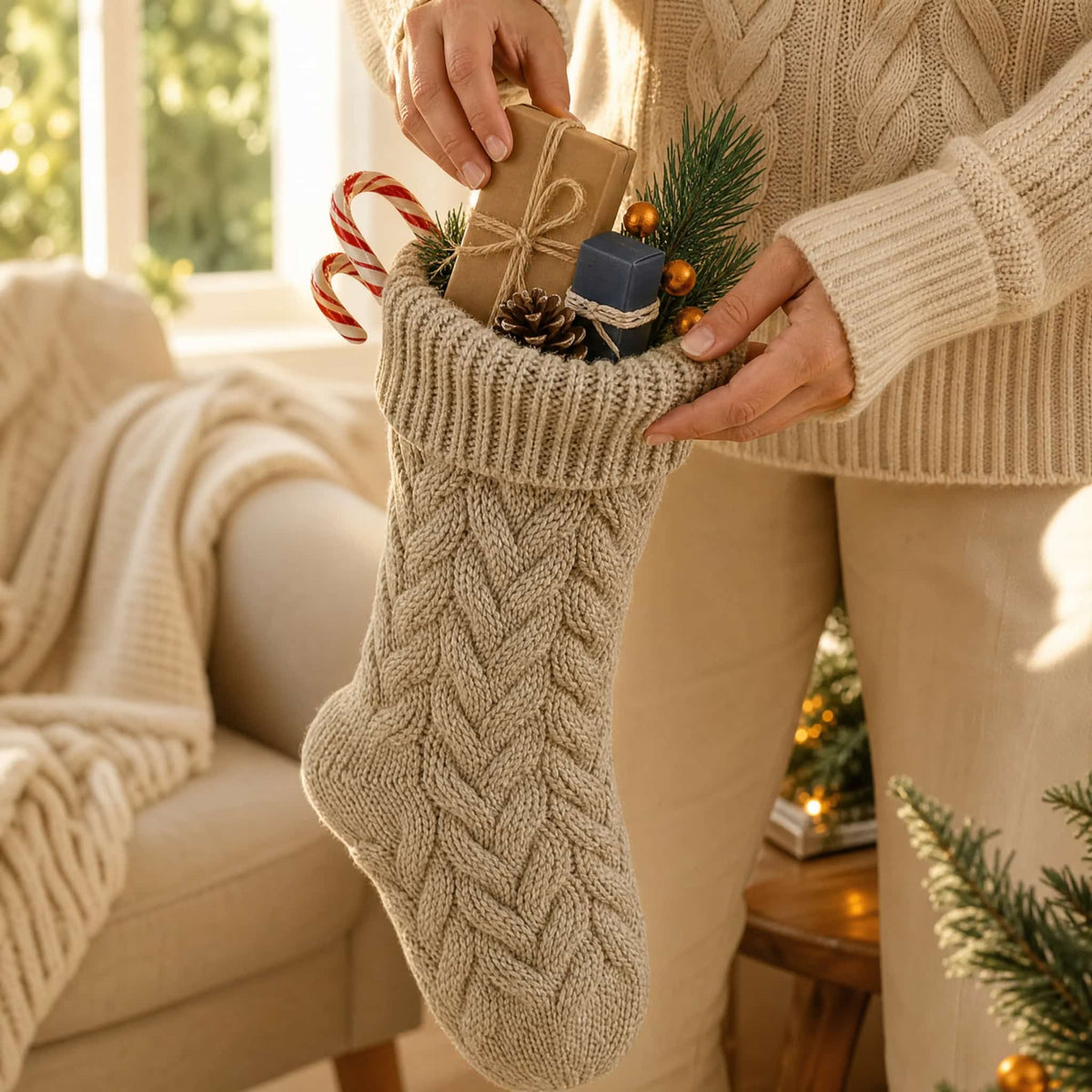Cable Knit Christmas Stocking 37 cm — 4 Colors Polyester 3