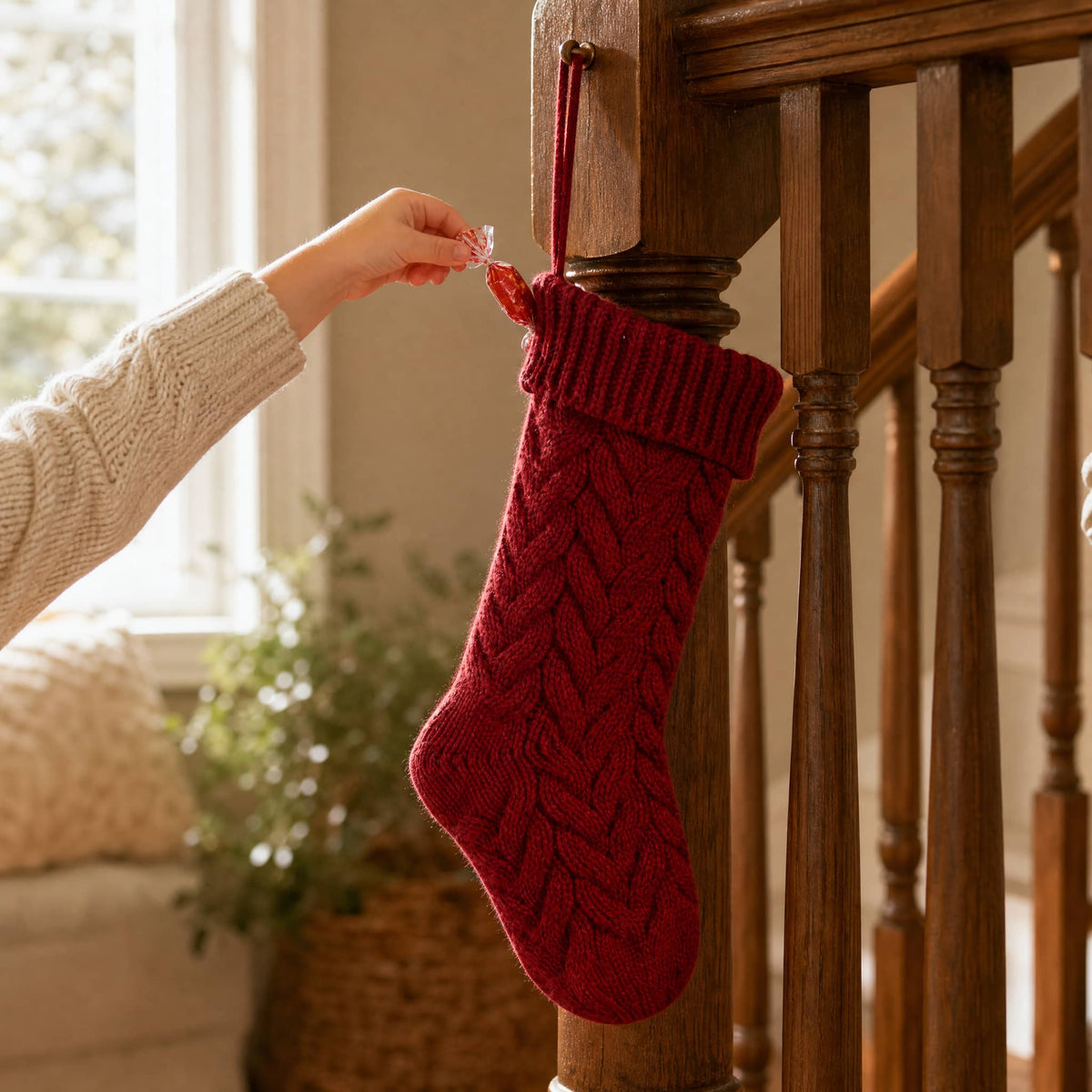 Cable Knit Christmas Stocking 37 cm — 4 Colors Polyester 5