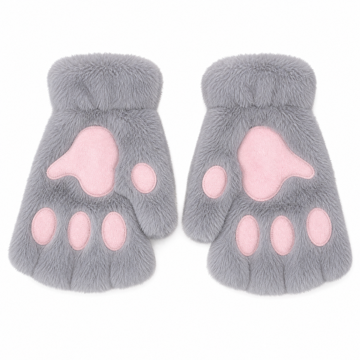 Cat Paw Plush Fingerless Gloves — 3D Paw Pad One Size 12