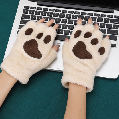 Cat Paw Plush Fingerless Gloves — 3D Paw Pad One Size 3