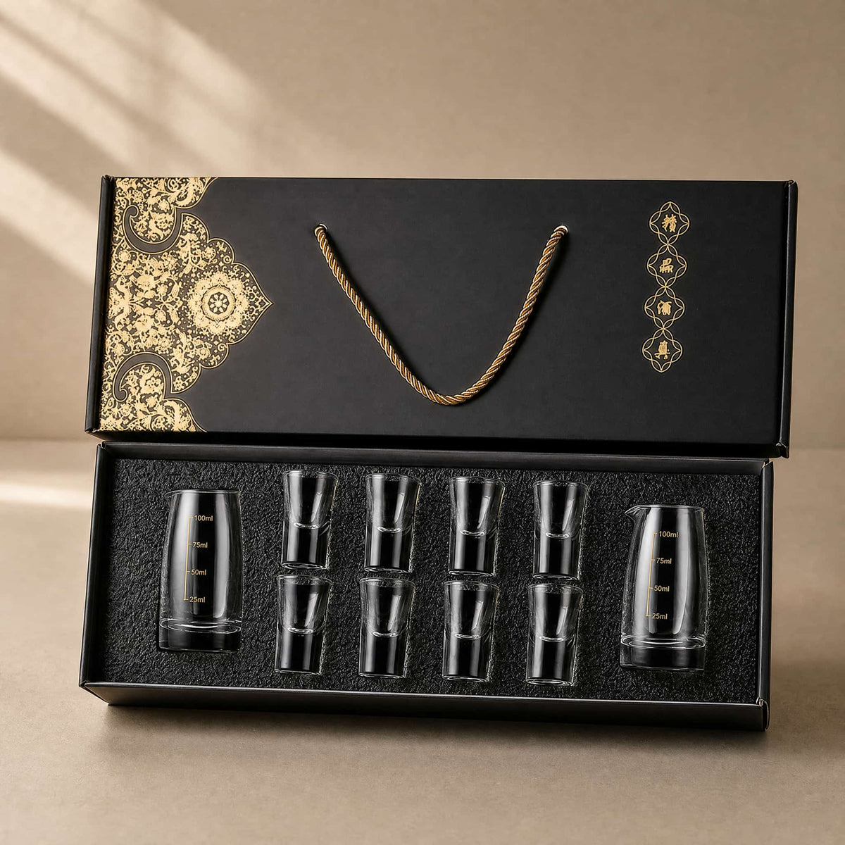Chinese Baijiu Gift Set — 8 Shot Glasses & 2 Glass Decanters 14
