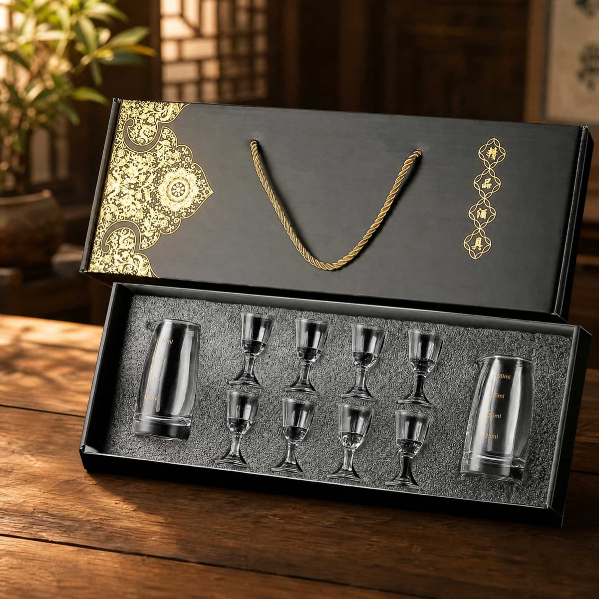 Chinese Baijiu Gift Set — 8 Shot Glasses & 2 Glass Decanters 1