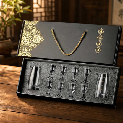 Chinese Baijiu Gift Set — 8 Shot Glasses & 2 Glass Decanters 1