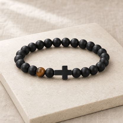 Gift for Dad — Men's Black Bead Cross Bracelet with Card 10