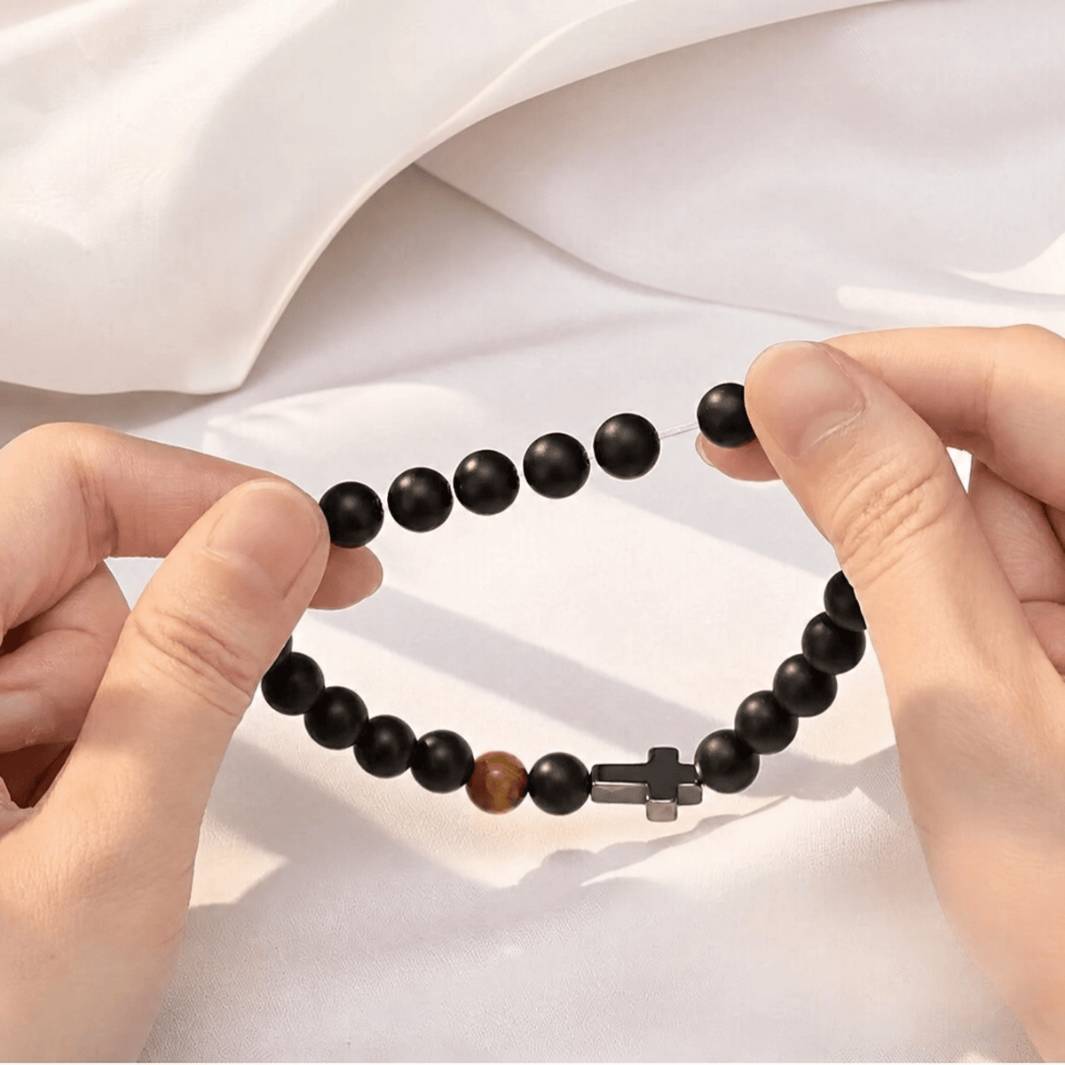 Gift for Dad — Men's Black Bead Cross Bracelet with Card 4