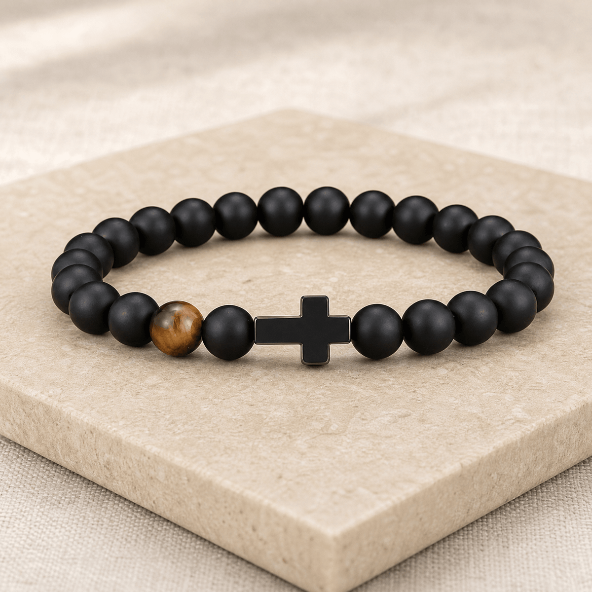 Gift for Dad — Men's Black Bead Cross Bracelet with Card 8