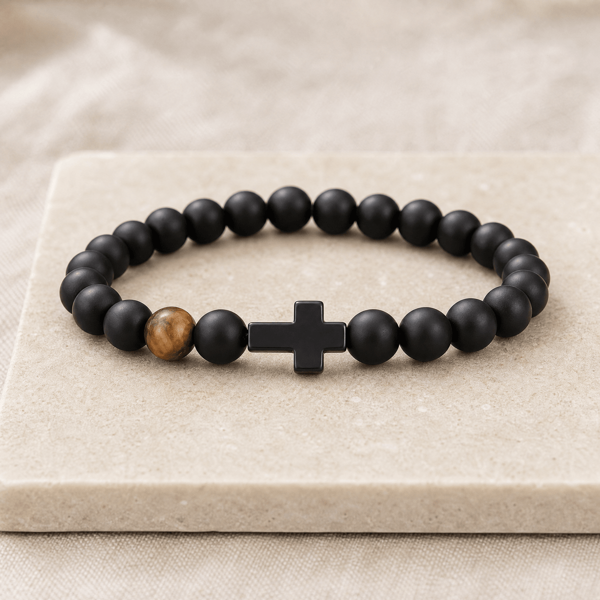 Gift for Dad — Men's Black Bead Cross Bracelet with Card 9