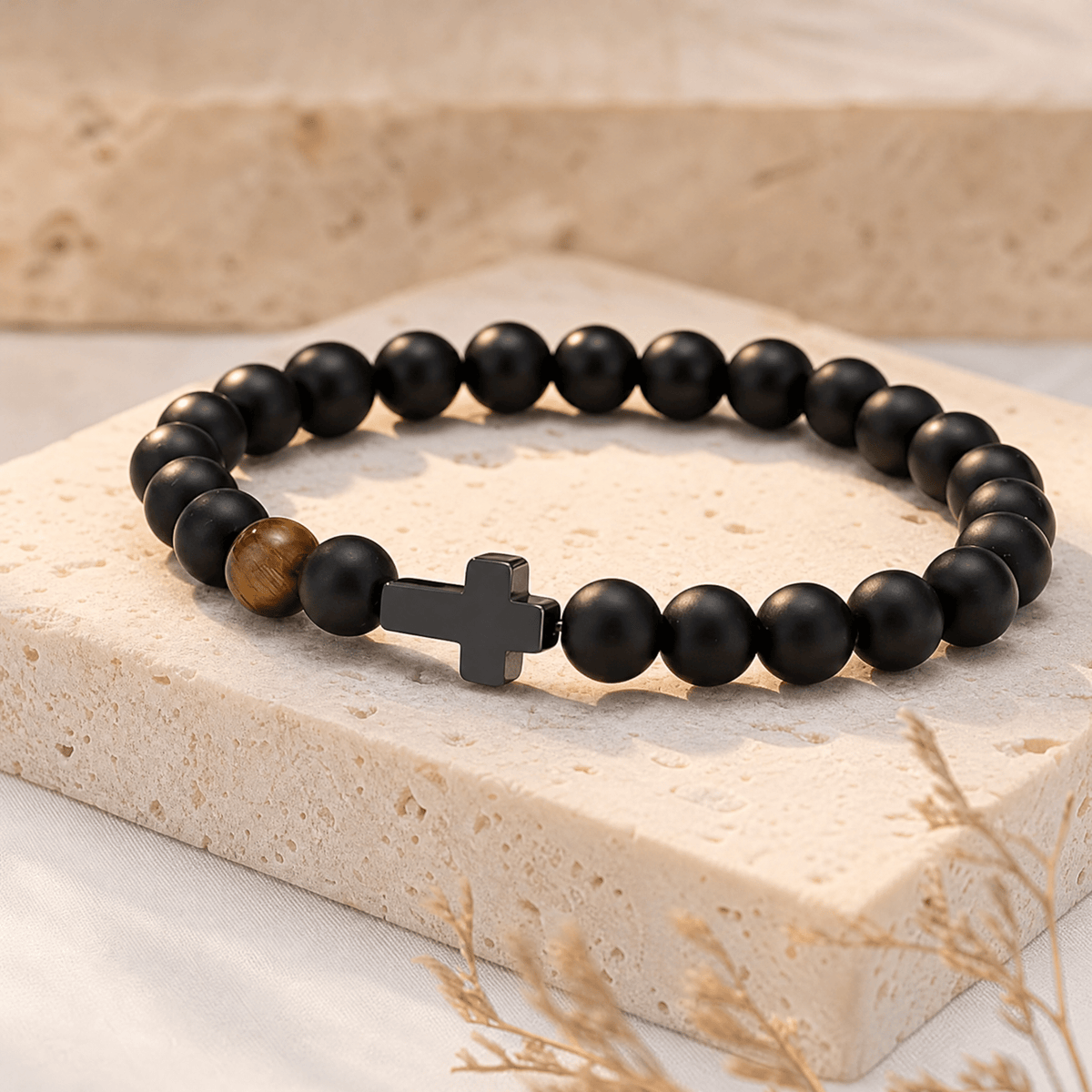 Gift for Dad — Men's Black Bead Cross Bracelet with Card 1