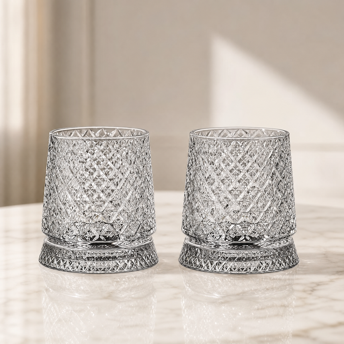 Whiskey Glass Set with 360° Rotating Base — Cut Tumbler 2pc 10