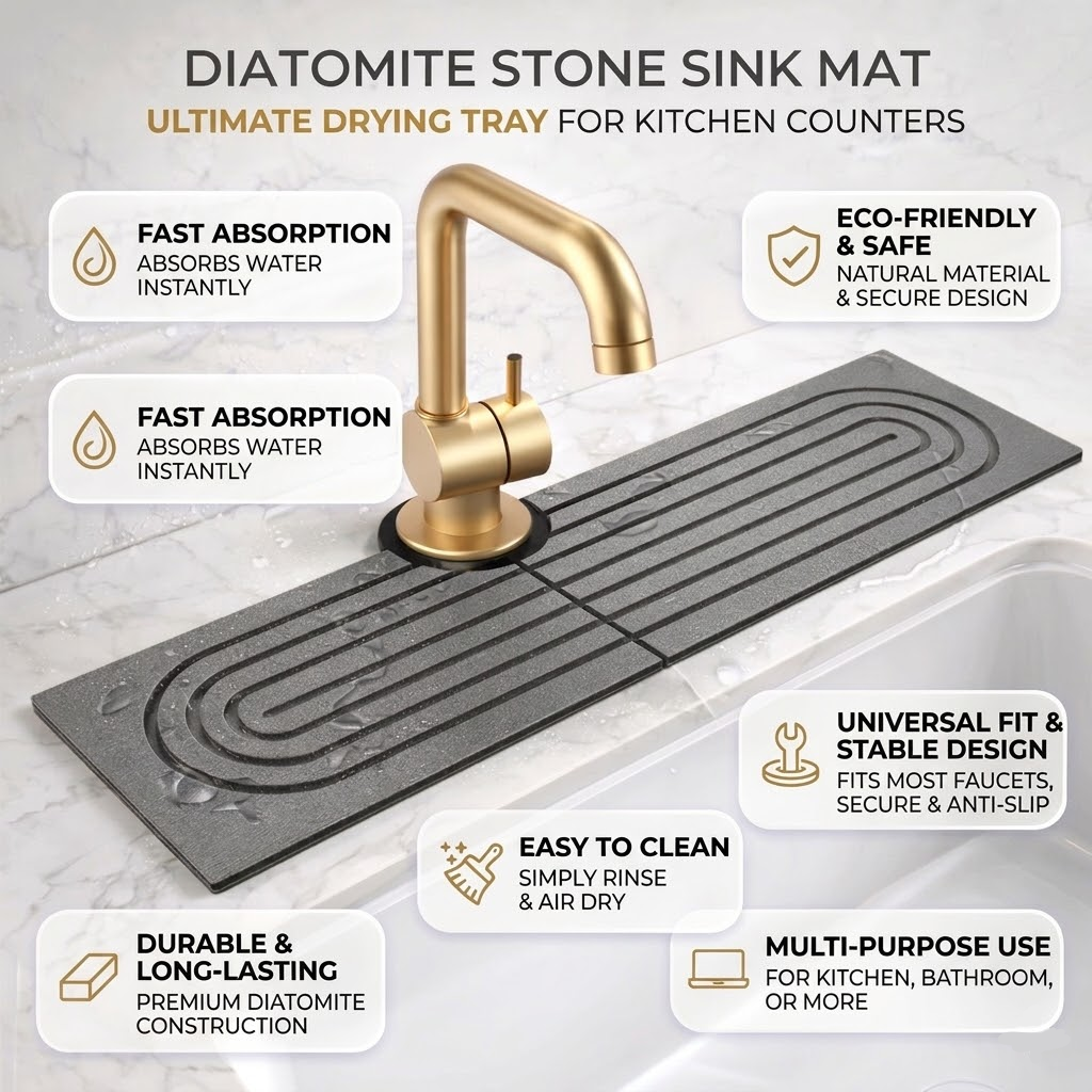 Diatomite Stone Sink Mat — Fast-Drying Faucet Tray 3