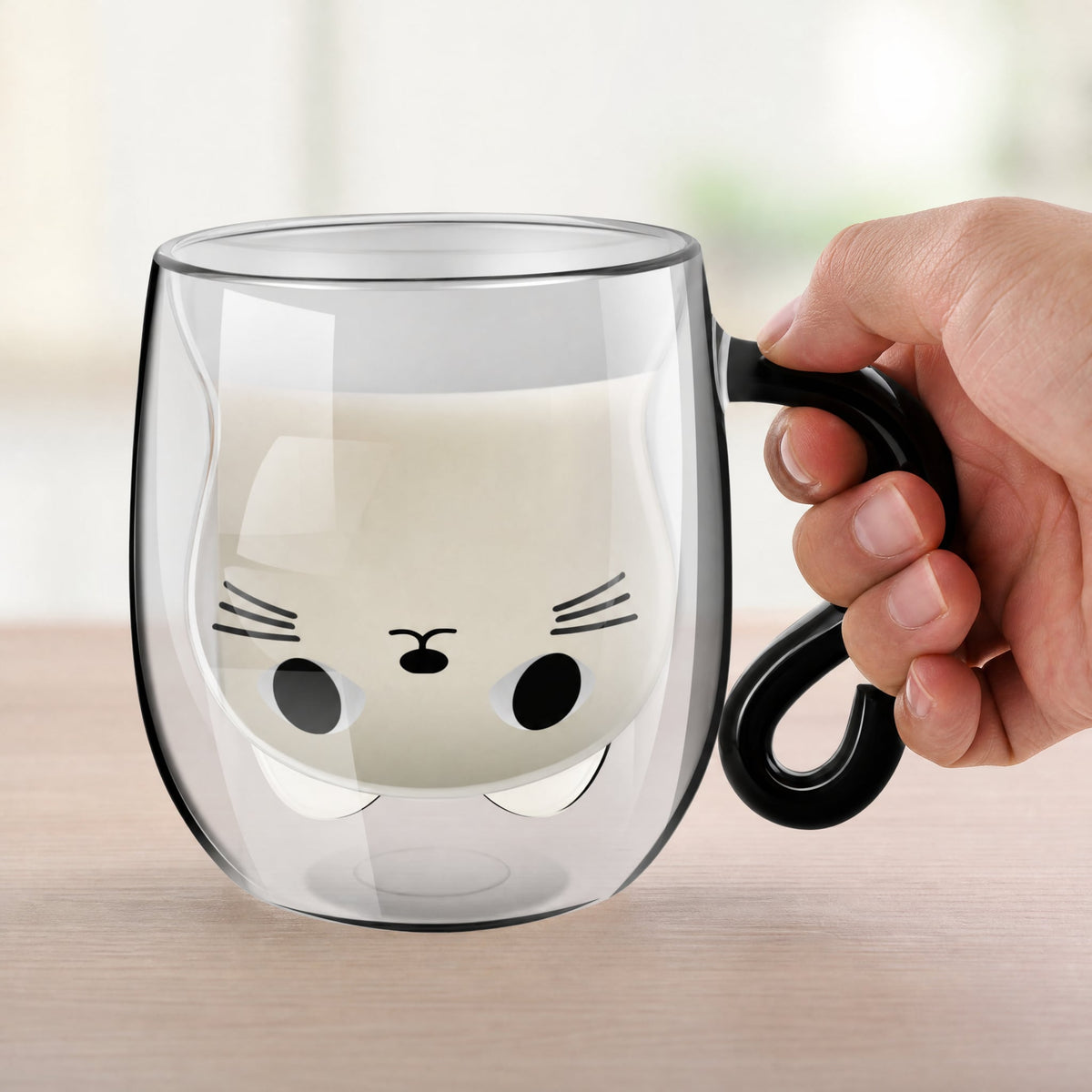 Double Wall Glass Cat Mug — Hidden Cat Face & Tail Handle 3