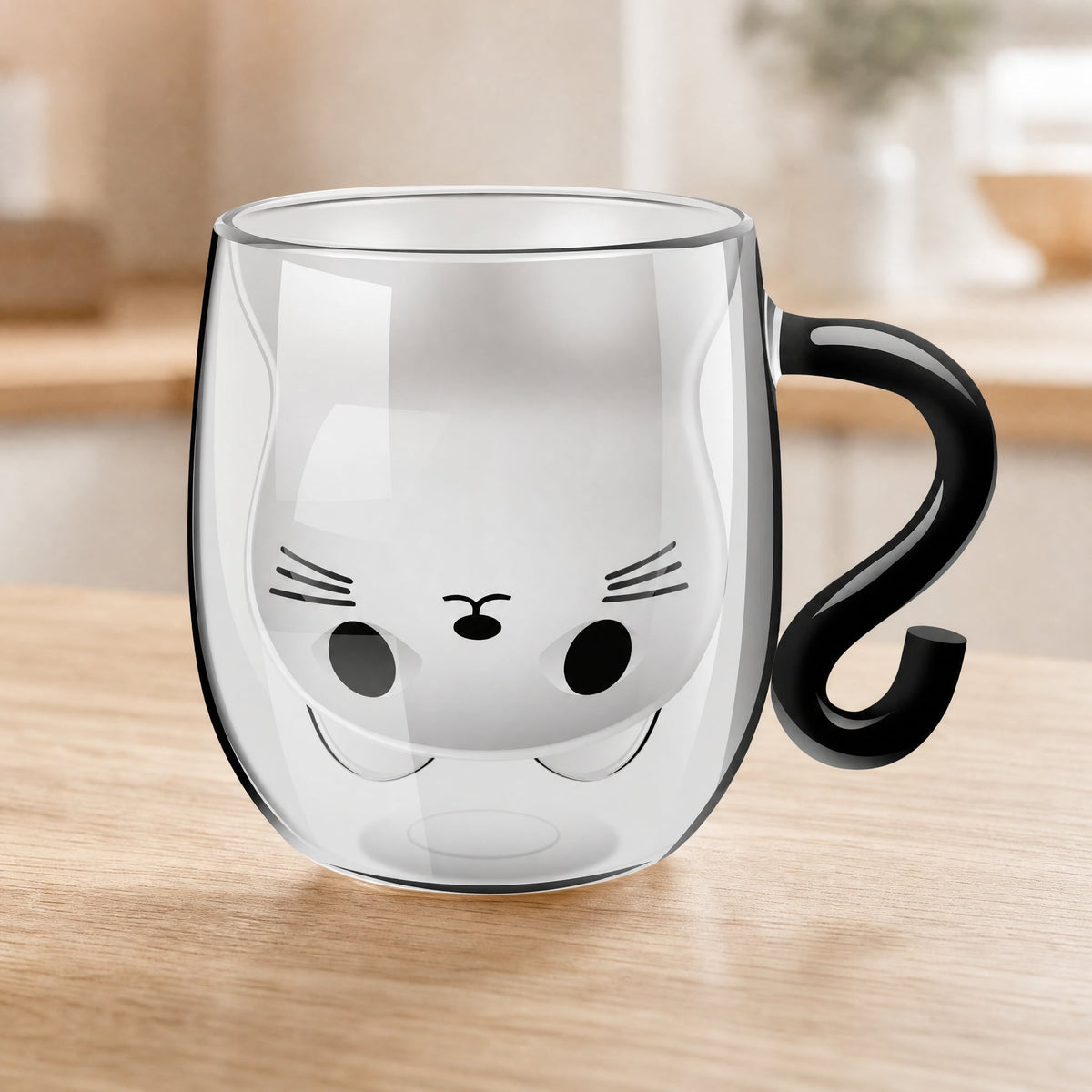 Double Wall Glass Cat Mug — Hidden Cat Face & Tail Handle 1