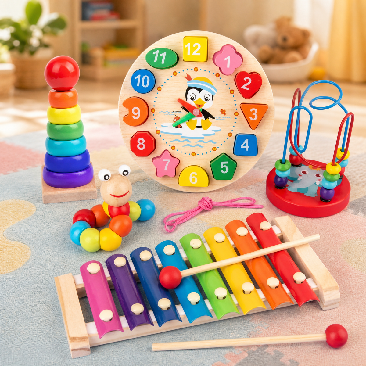 Montessori Toys 5-in-1 Wooden Set — Baby 6+ Months 1