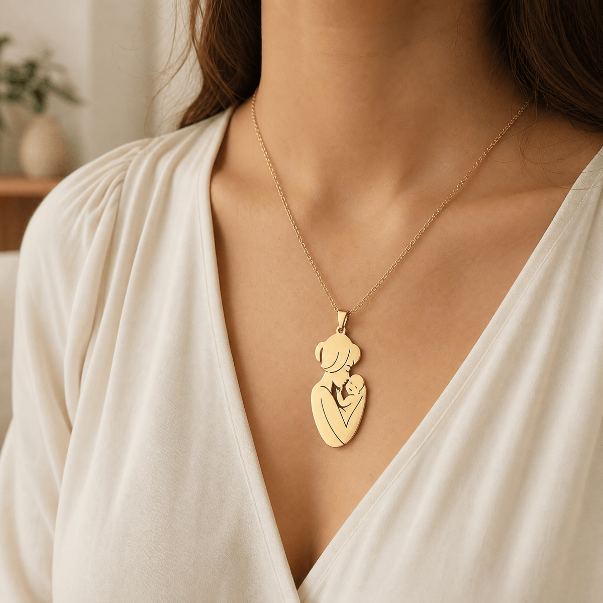 Gift for Mom — Mother & Child Pendant Necklace Steel 2