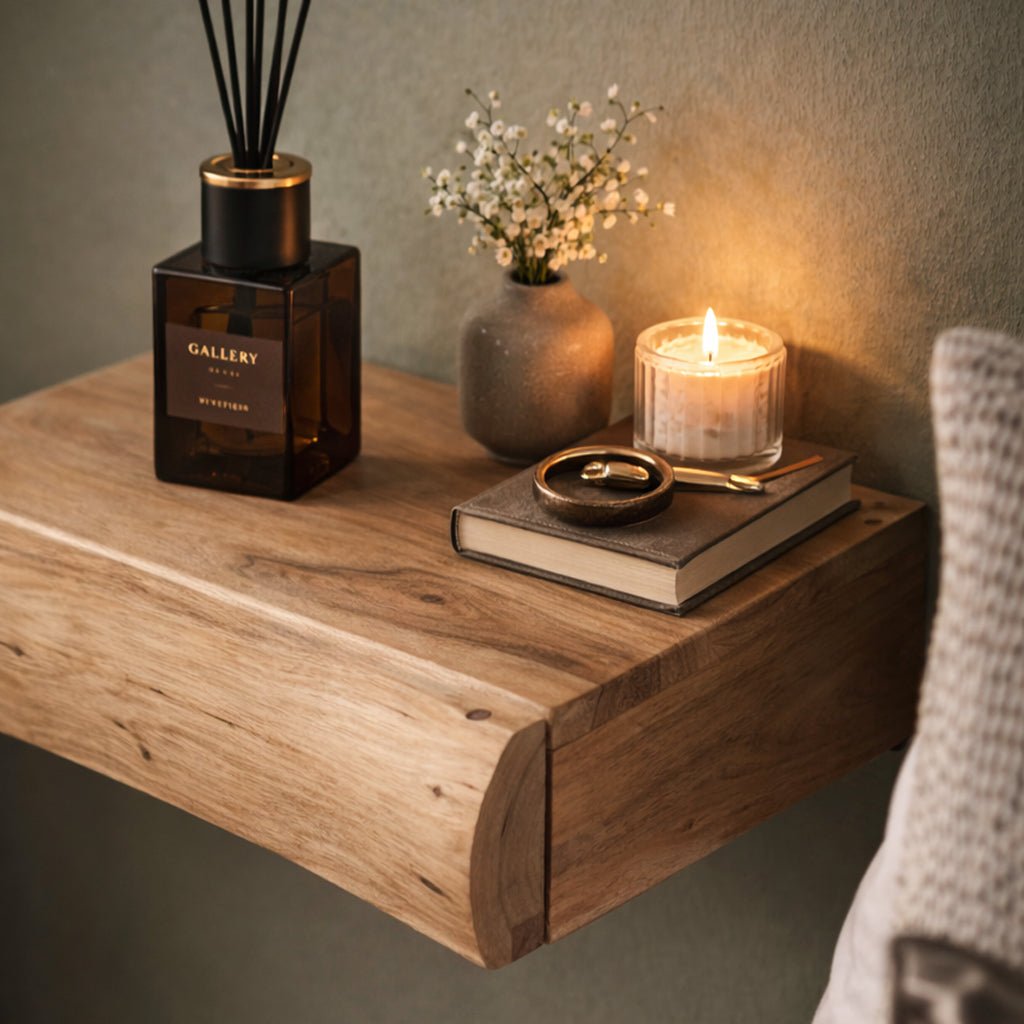 Floating Acacia Wood Nightstands Set of 2 — Wall Mounted 2