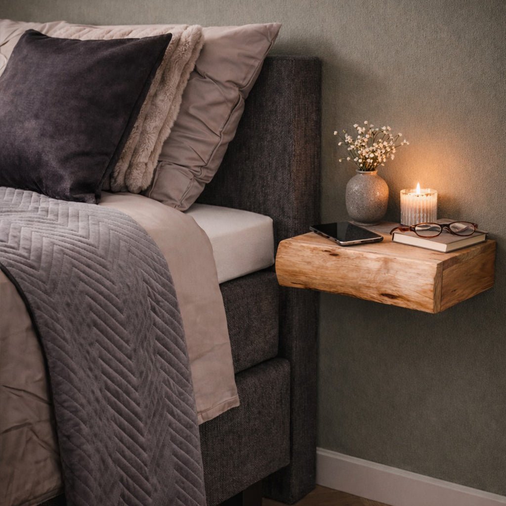 Floating Acacia Wood Nightstands Set of 2 — Wall Mounted 3