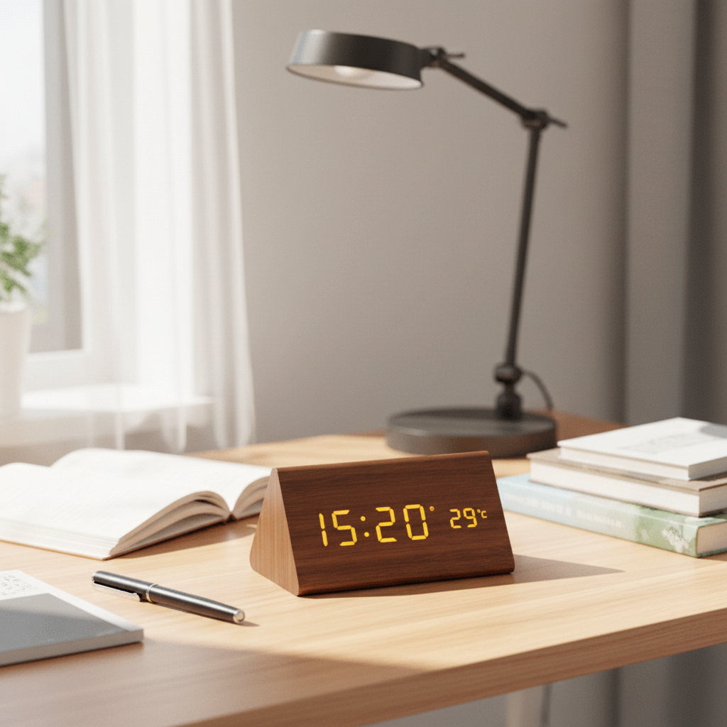 LED Wooden Desk Clock with Voice Control & Alarm Function 2
