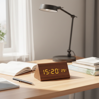 LED Wooden Desk Clock with Voice Control & Alarm Function 2