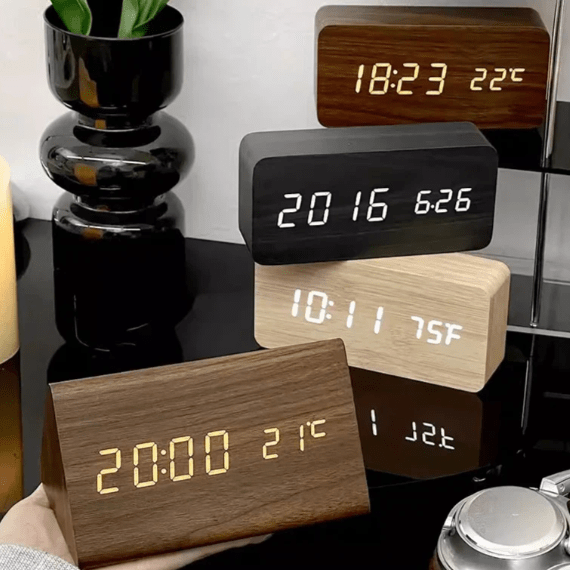 LED Wooden Desk Clock with Voice Control & Alarm Function 4