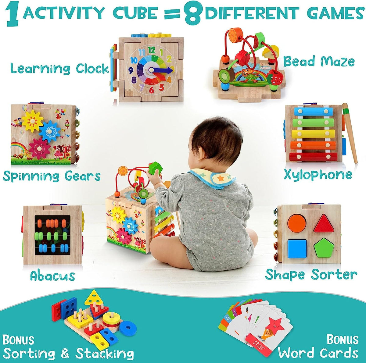 Montessori Activity Cube 8-in-1 — Wooden Toddler Learning Toy 3