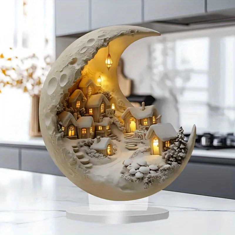 Moon Winter City Acrylic Decor — Illuminated Crescent Village 3