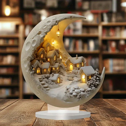 Moon Winter City Acrylic Decor — Illuminated Crescent Village 1