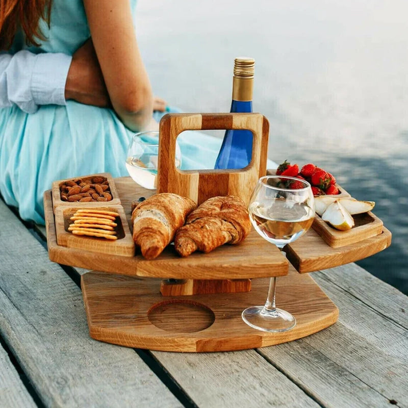 Oak Picnic Wine Table — Compact Outdoor Wine & Snack Holder 3