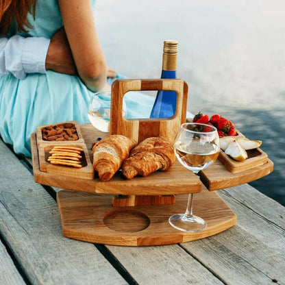 Oak Picnic Wine Table — Compact Outdoor Wine & Snack Holder 3