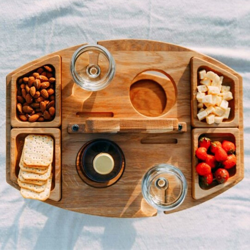 Oak Picnic Wine Table — Compact Outdoor Wine & Snack Holder 5