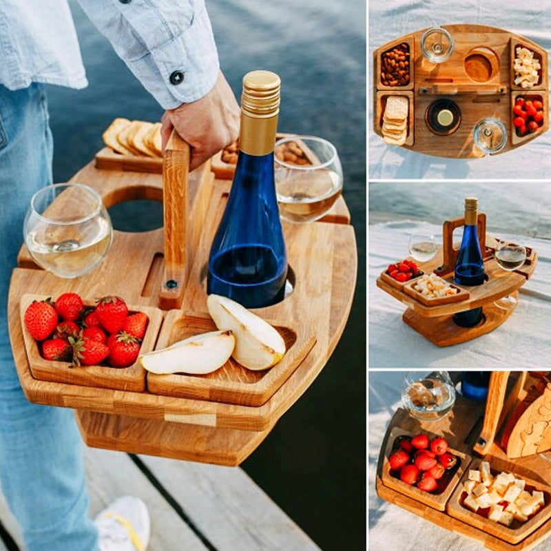 Oak Picnic Wine Table — Compact Outdoor Wine & Snack Holder 6