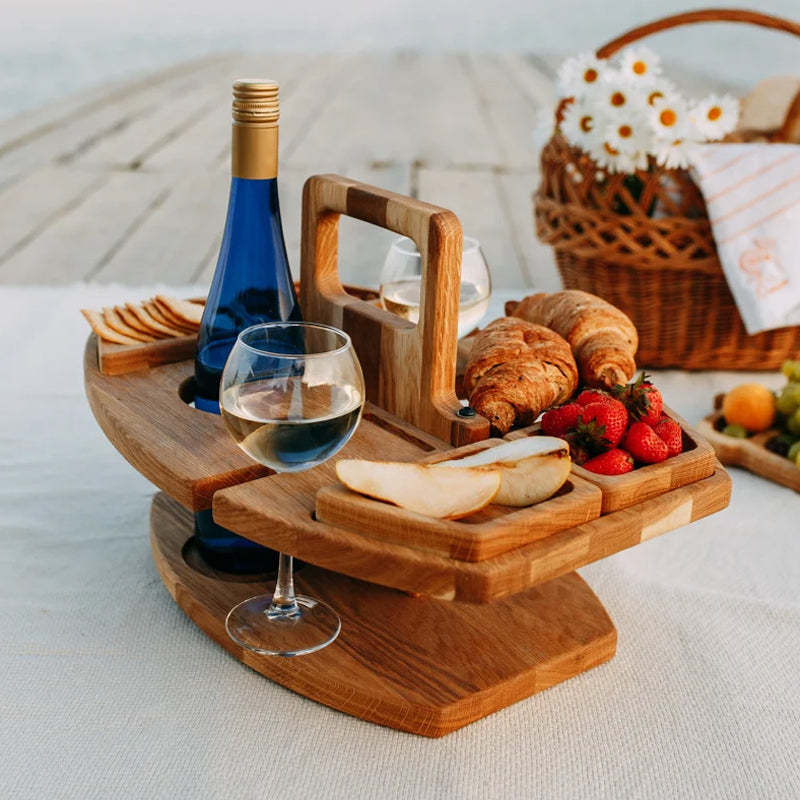 Oak Picnic Wine Table — Compact Outdoor Wine & Snack Holder 7