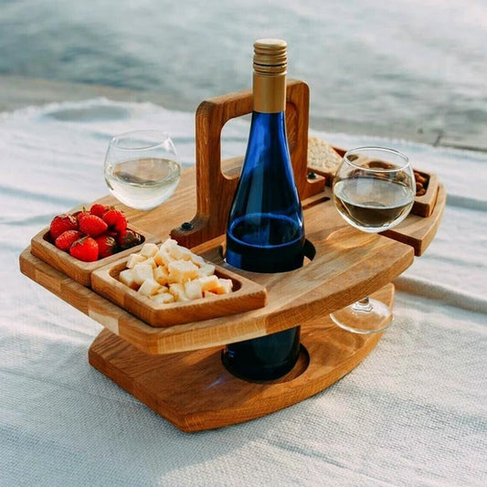 Oak Picnic Wine Table — Compact Outdoor Wine & Snack Holder 1