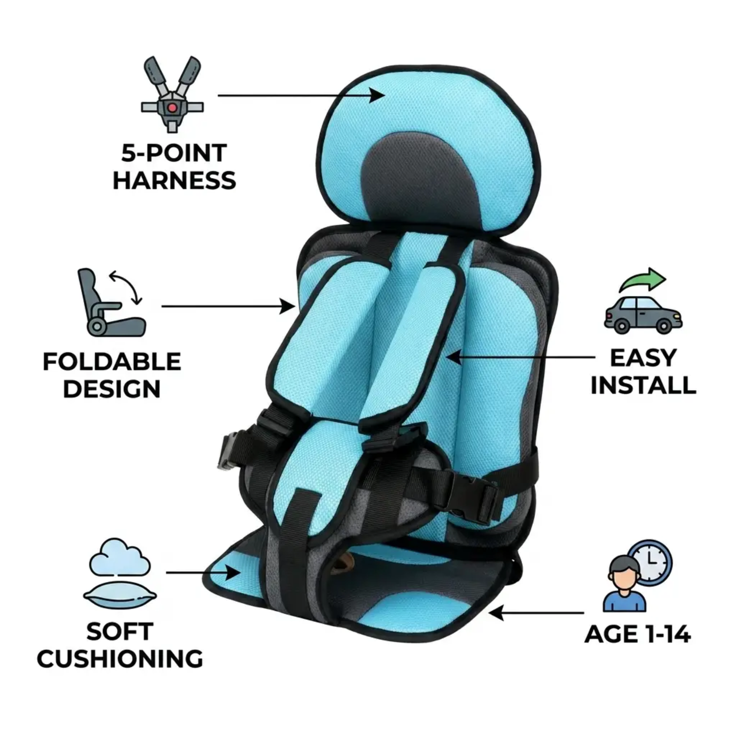 Portable Foldable Child Car Booster Seat — 5-Point Harness 2