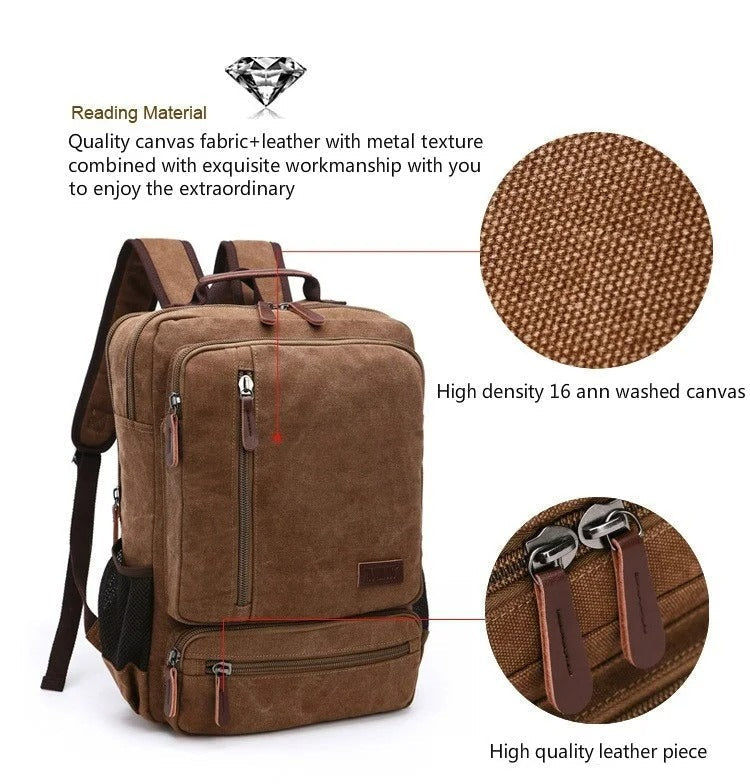 Vintage Canvas Laptop Backpack — Large Capacity Leather Detail 4
