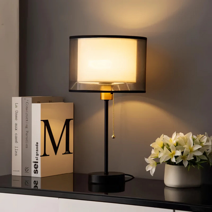 Vintage Table Lamp Double Fabric Shade — Warm LED Ambient Light 2
