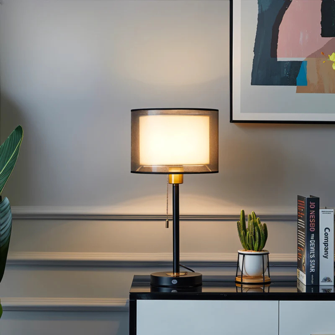 Vintage Table Lamp Double Fabric Shade — Warm LED Ambient Light 3