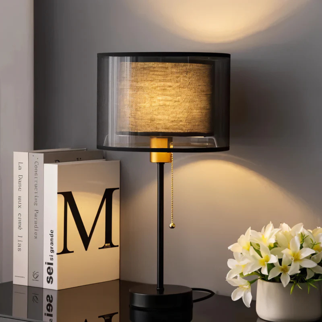 Vintage Table Lamp Double Fabric Shade — Warm LED Ambient Light 4