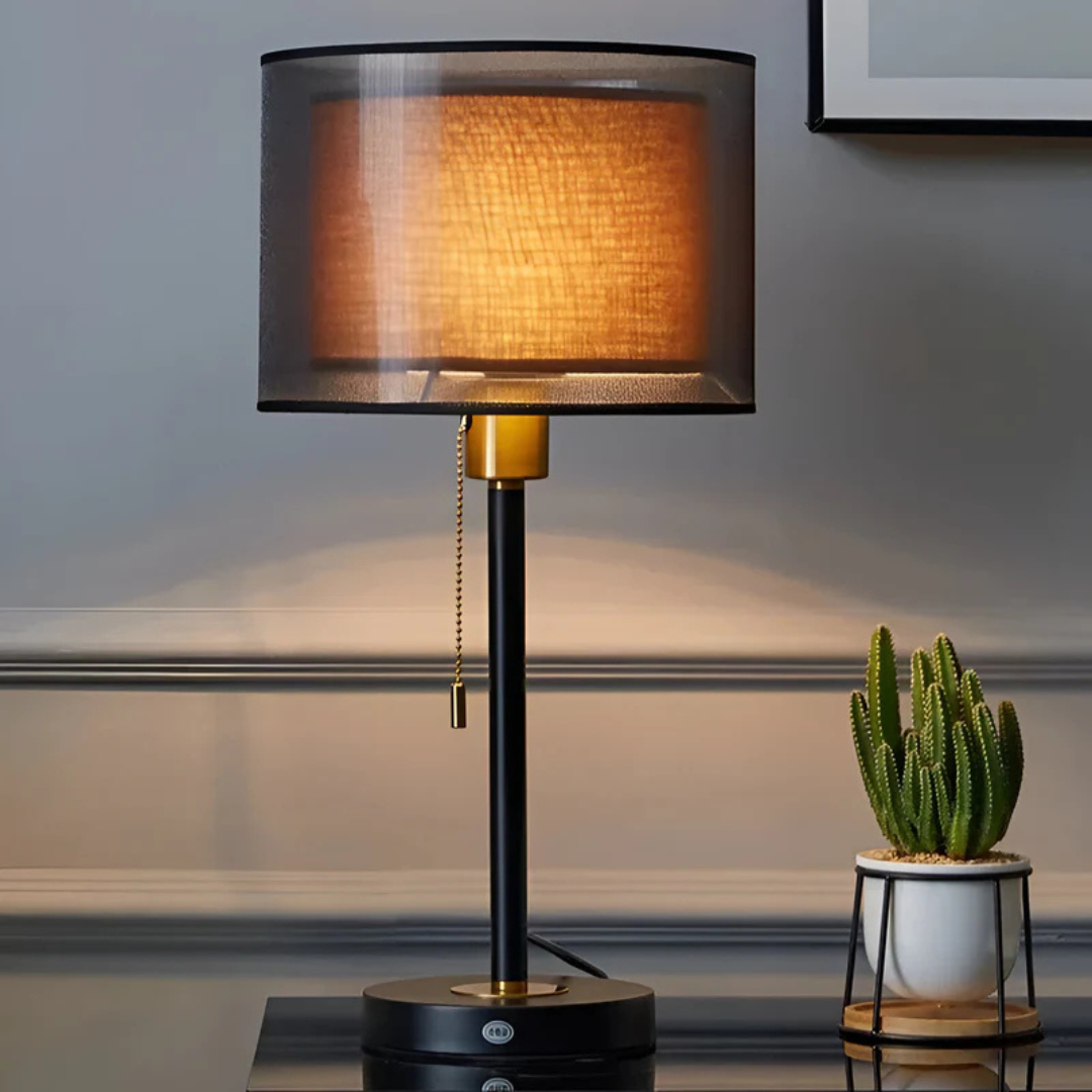 Vintage Table Lamp Double Fabric Shade — Warm LED Ambient Light 1