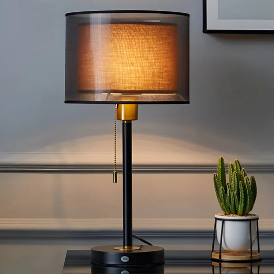 Vintage Table Lamp Double Fabric Shade — Warm LED Ambient Light 1