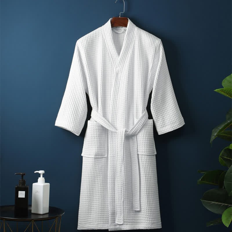 Waffle Cotton Bathrobe V-Neck — Lightweight & Breathable 10