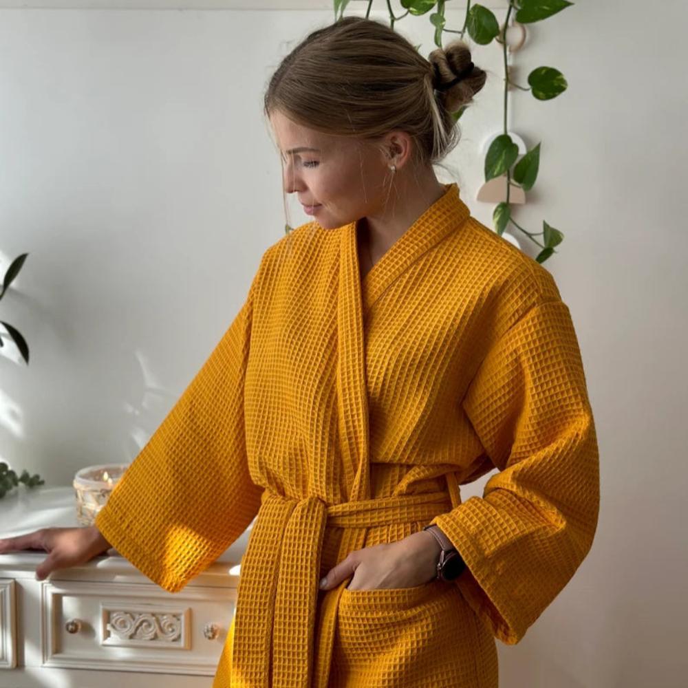 Waffle Cotton Bathrobe V-Neck — Lightweight & Breathable 2