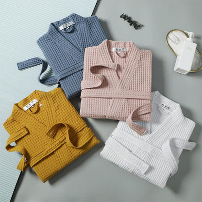 Waffle Cotton Bathrobe V-Neck — Lightweight & Breathable 3